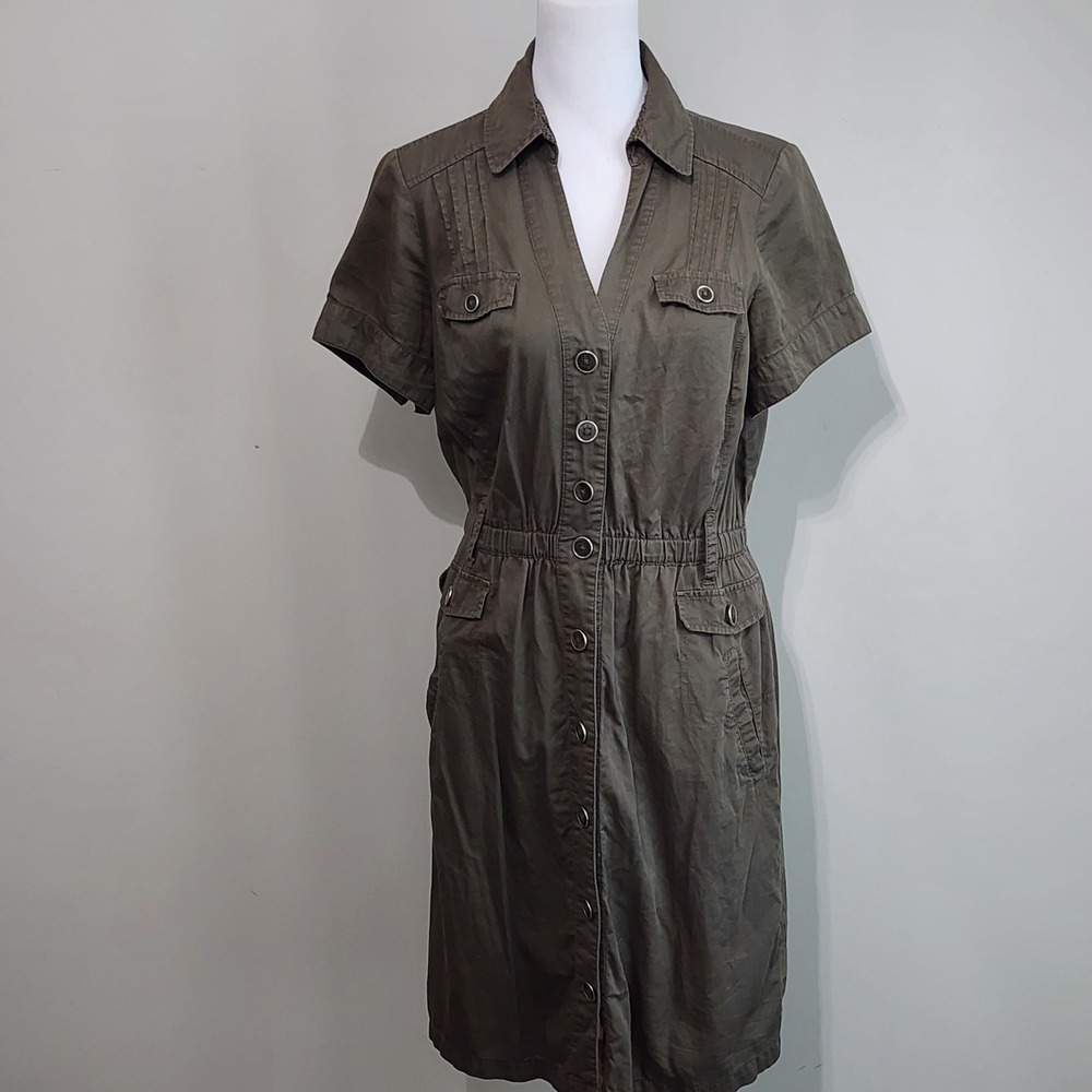 Utility Shirt Dress Womens Medium Olive Khaki Military Earthy Cotton Safari Chic